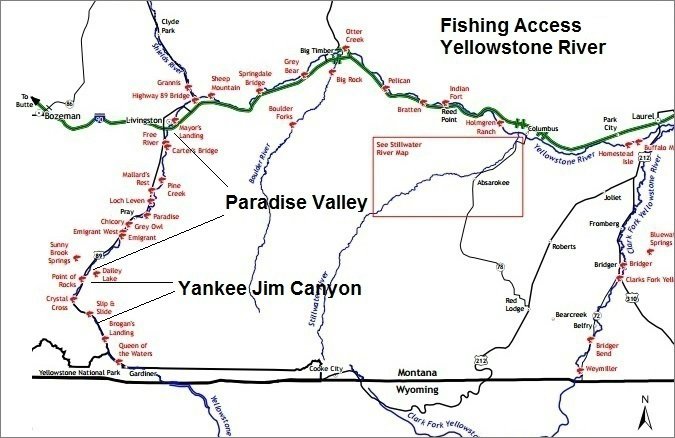 Fishing access map of the Yellowstone River showing access points from Yellowstone National Park through Yankee Jim Canyon, Paradise Valley, Livingston, and downstream toward Big Timber.